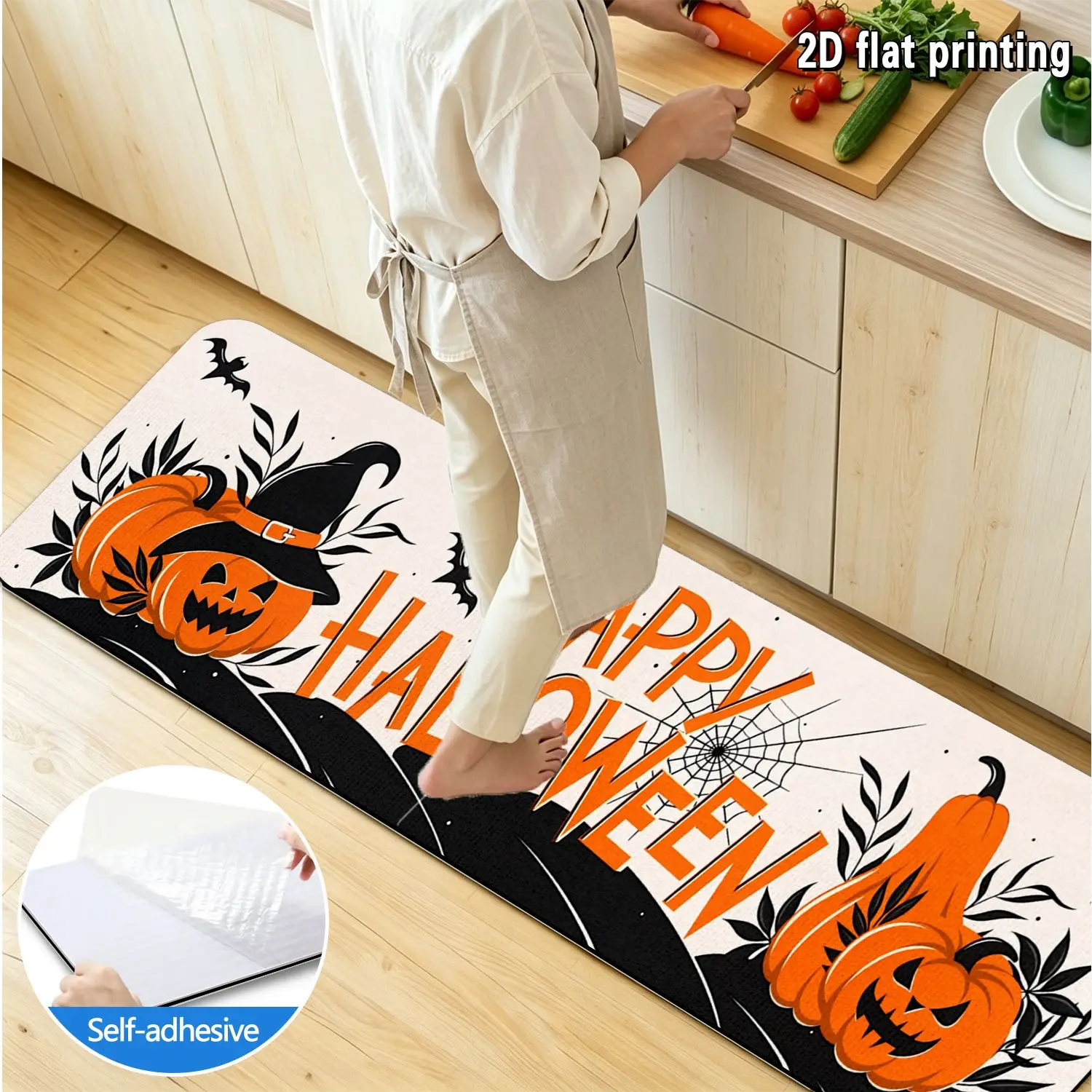 1pc 2D FLAT Printing Kitchen Mat, Self-Adhesive Kitchen Rug, Happy Halloween Pumpkin Witch Hat Bat Design Comfortable.