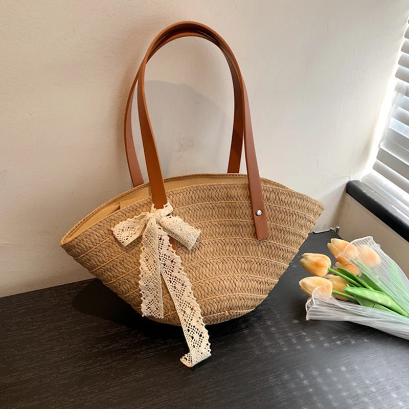 Women Braided Basket Clutches Bag Large Straw Portable Shoulder Bag Summer Beach Purses Shopper Satchel