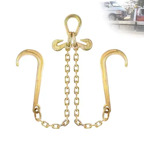 

3/8 Inch G80 V-Shape Tow Chain With 15 Inch J Hooks, 2 Foot Legs, 7100 Lbs WLL For Flatbed And Rollback Recovery