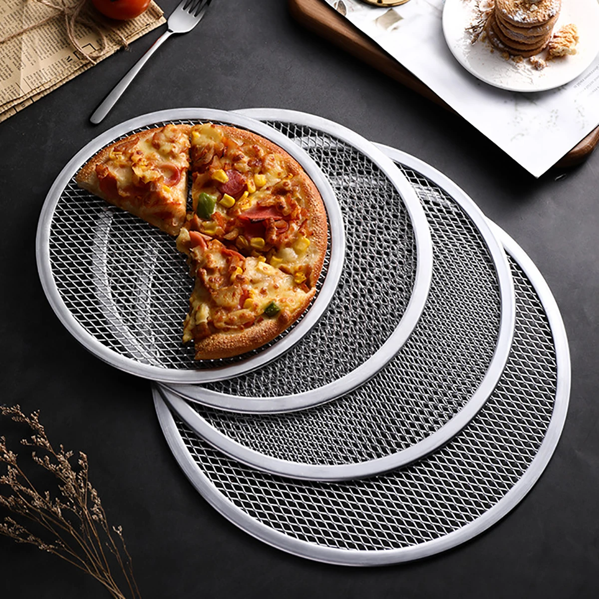 Bandeja redonda para hornear Pizza de 8/9/10/11/12/13 pulgadas, pantalla para Pizza DIY, red de Metal, sartén antiadherente para Pizza, pantalla de aluminio sin costuras para Pizza