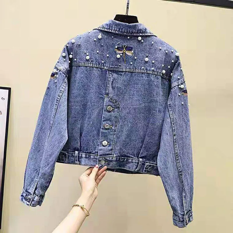 Autumn Denim Jacket Coat Women Beading Loose Overcoat Jeans Jacket Basic Coats Long Sleeve Casual Outerwear Female Spring