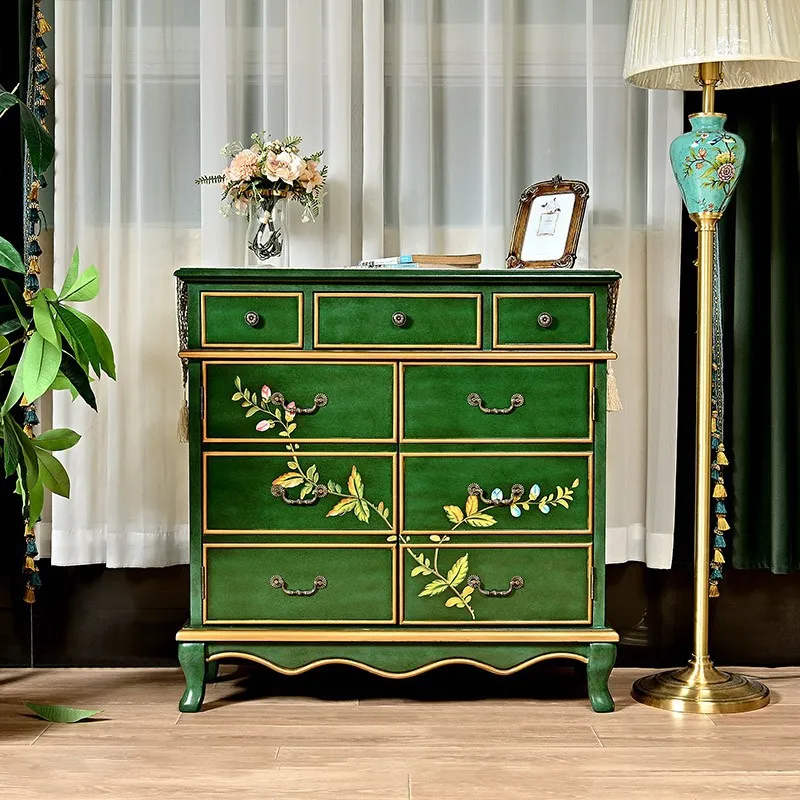 CX retro emerald painted chest cabinet, gold painted hand painted multi drawer locker