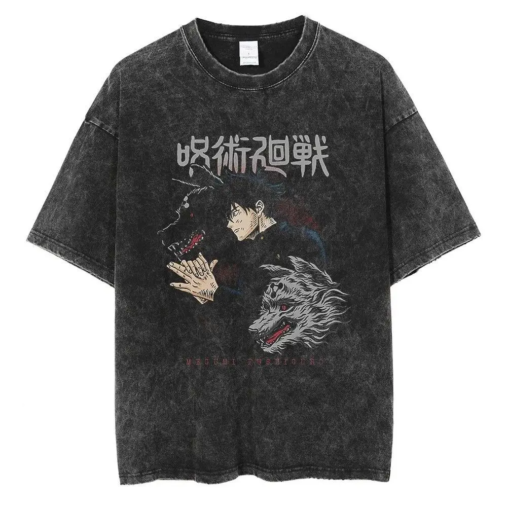 ​ ​ Jujutsu Kaisen Anime T-shirt Set Gojo Satoru Megumi Fushiguro Yuji Itadori Sukuna Vintage Wash Cotton Streetwear ​