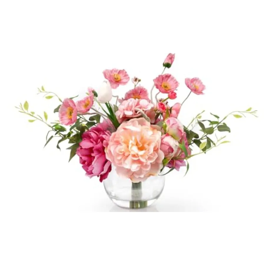

Table centerpiece artificial flowers in vase: realistic silk peonies and tulips with faux water, fuchsia color, premium soft-to
