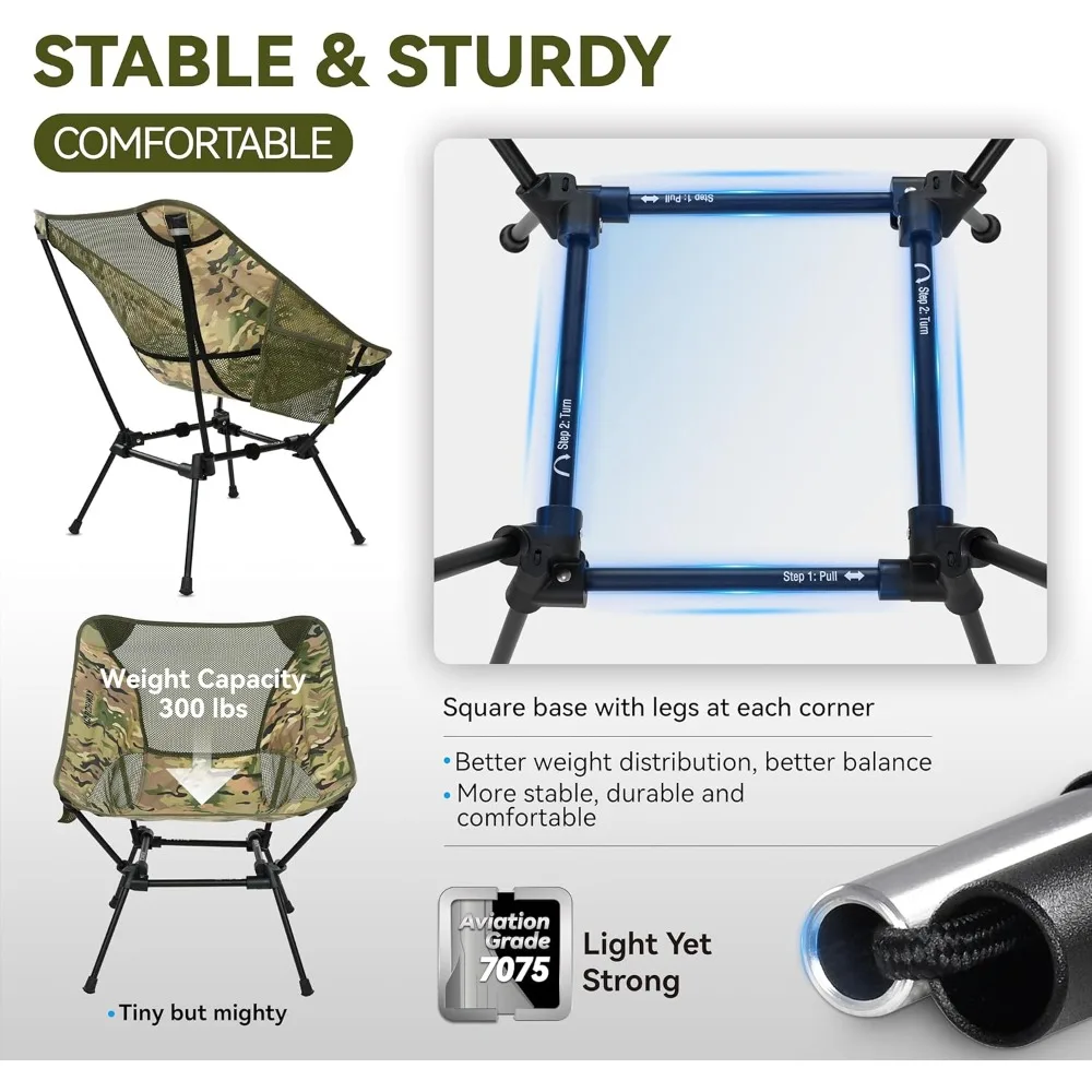 كرسي تخييم خفيف الوزن قابل للطي، مدمج عالي التحمل للسفر في الهواء الطلق، الشاطئ، المشي لمسافات طويلة، الظهر (موه) #4