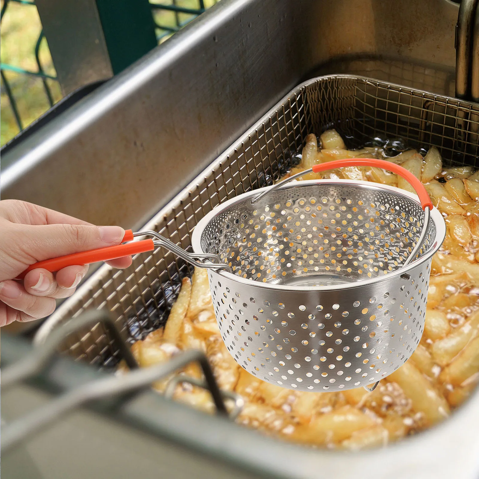

Frying Basket Steamer 20cm Stainless Steel Oil Drain Strainer Deep Fryer Baskets Round Corners Ergonomic Handle Vegetable Fish