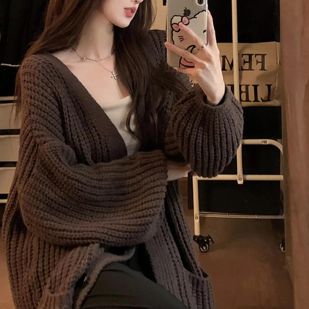 

Women's Lazy Style V-Neck Lantern Sleeve Knitted Jacket Korean Loose Fit Pure Color Sweet Outer Sweater for Autumn Winter