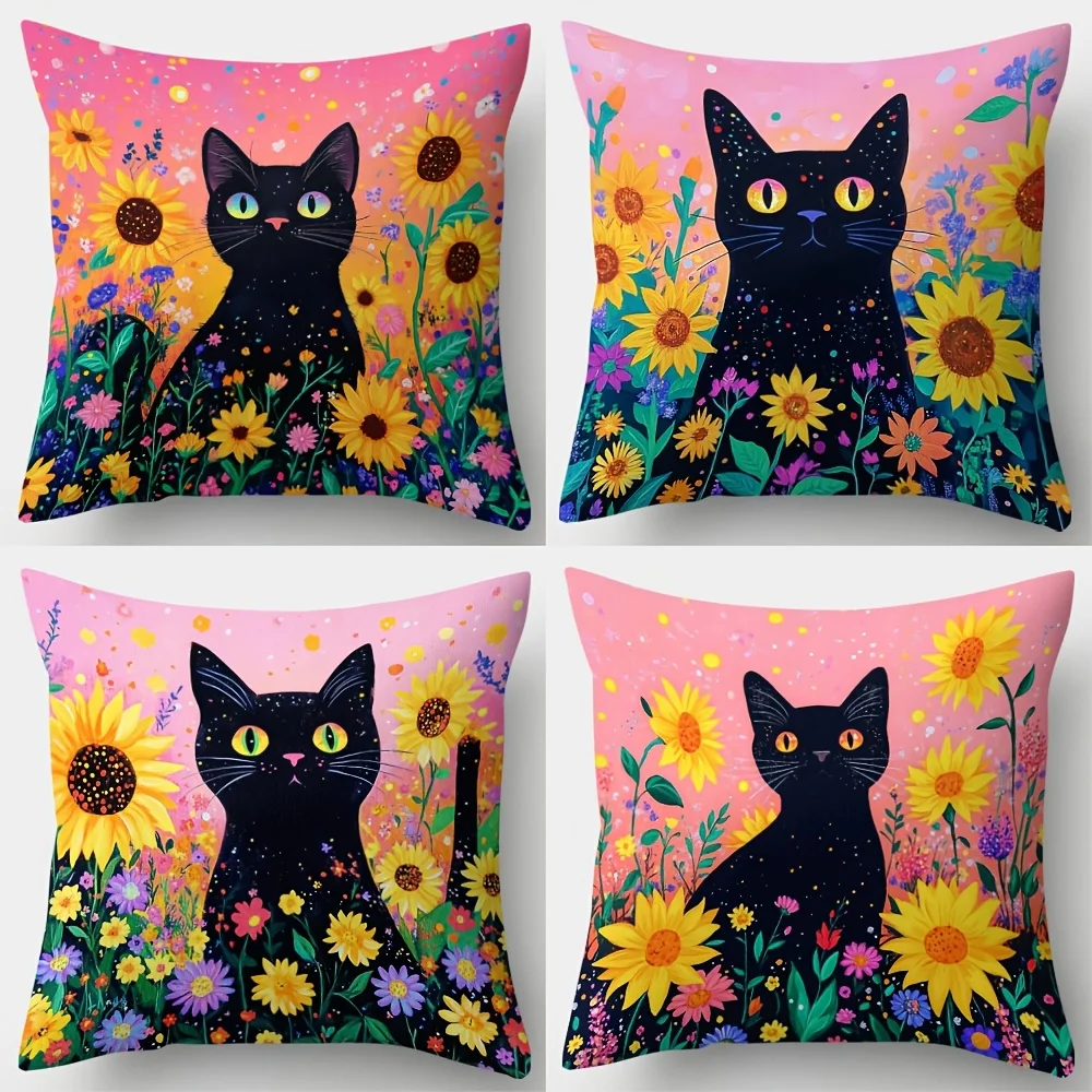 Black kitten with floral pattern single-sided digital printing pillow cover Short plush Suitable living rooms bedrooms sofas