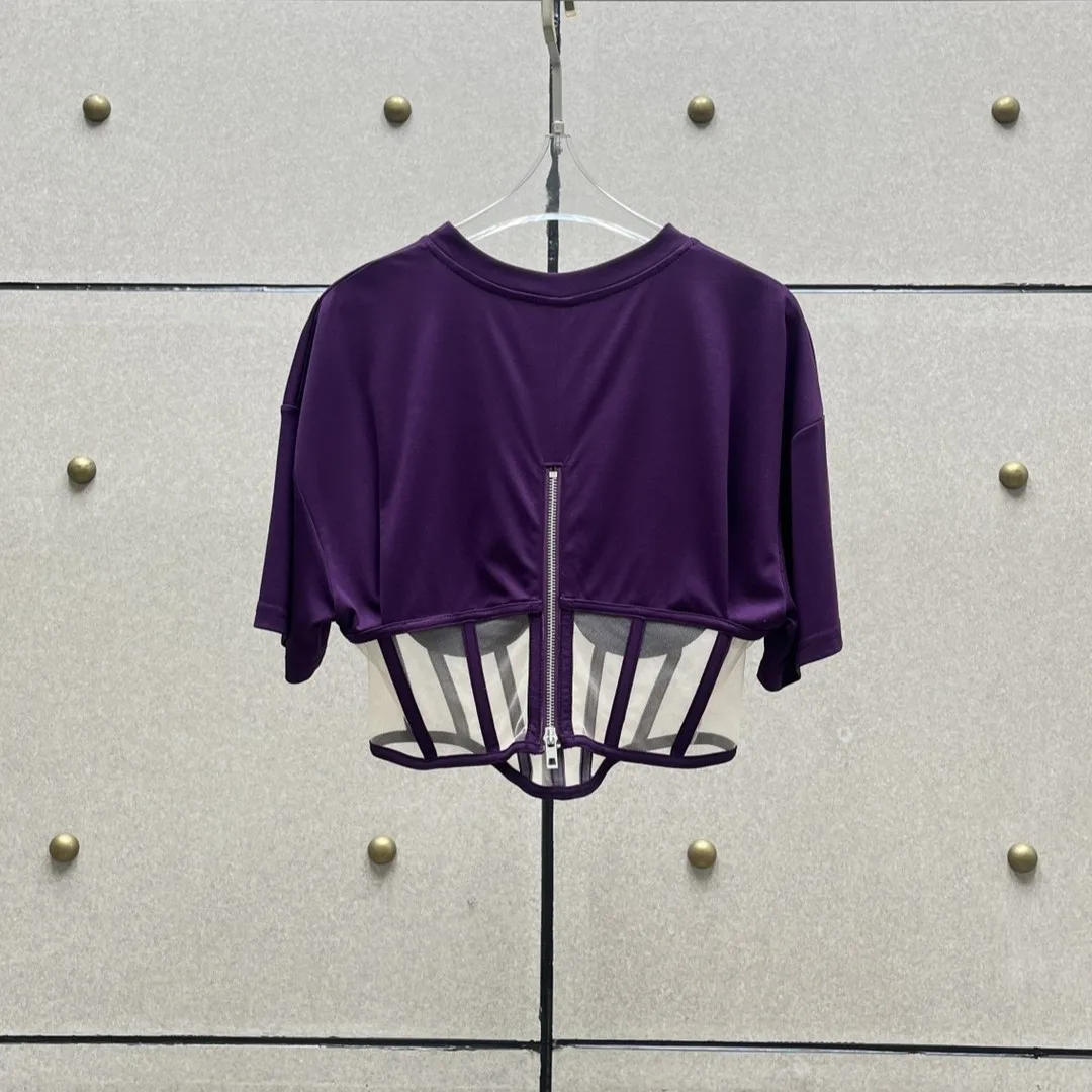 2025 New Arrival: Purple Fishbone Mesh Panel Short-Sleeve Crop Top