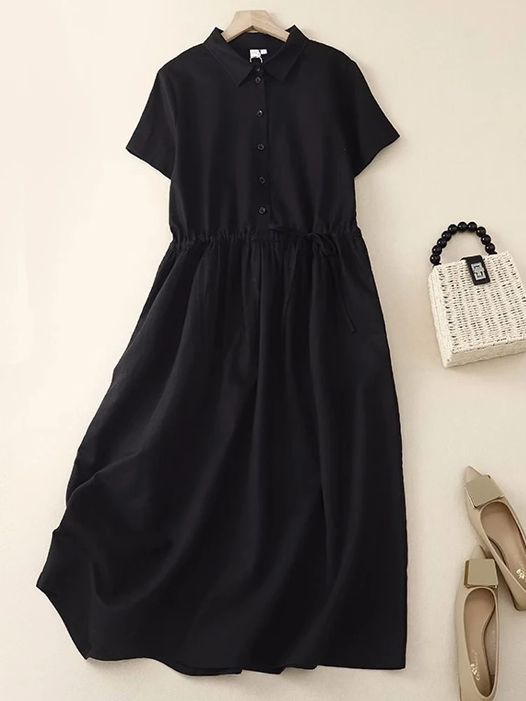 Women Solid Shirt Dress Summer Fashion Turn-down Collar Pocket Short Sleeve Midi Dresses Office Lady Lace Up Dresses Vestidos