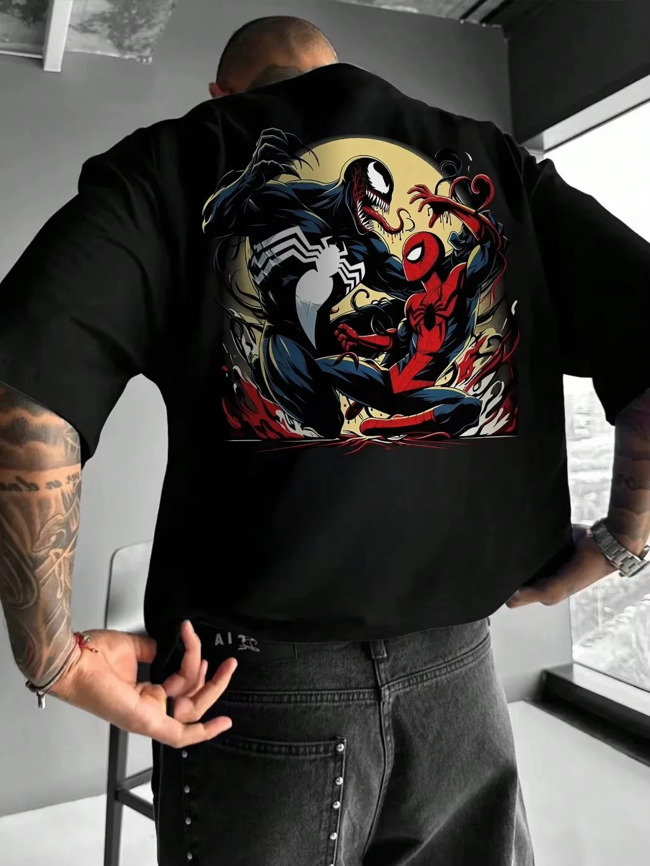 Marvel 2026 nueva Marvel Venom Spider-Man Wars camiseta cómica señoras pareja Combo manga corta relajado Top de talla grande