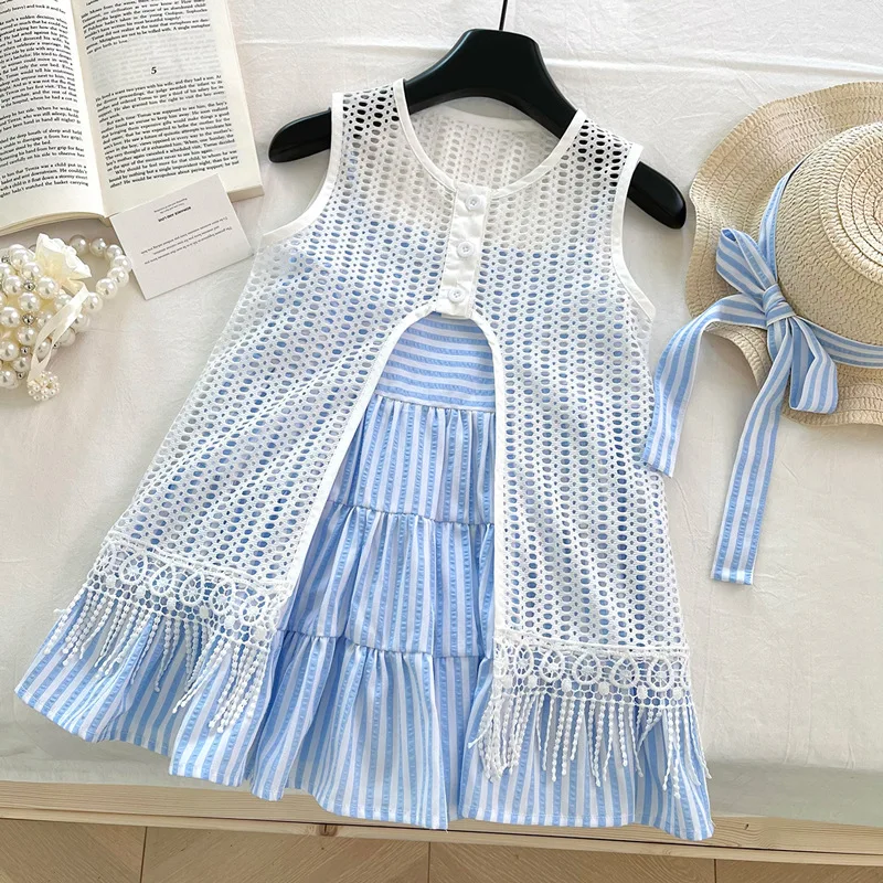 Kids Girls Summer Dress Sets Striped A-line Slip Dress+White Sleeveless Irregular Tassel Smock 2pcs Girls Vacation Frocks