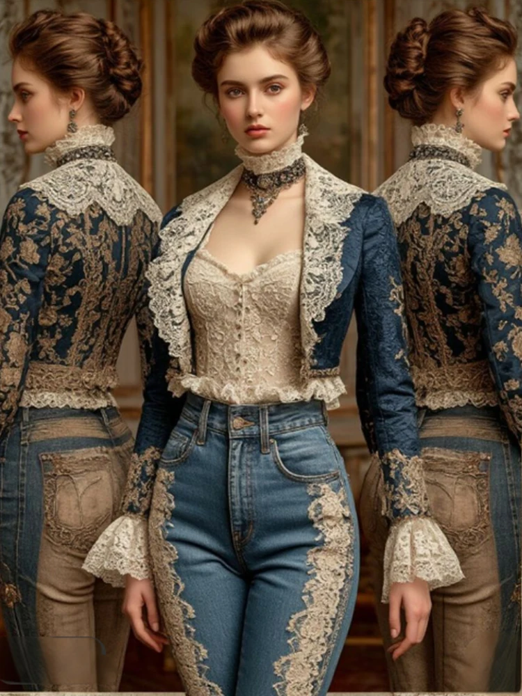 سترة على طراز المحكمة للنساء بحواف من الدانتيل وياقة طية صدر السترة مطبوعة بالزهور وأنيقة وأوروبية أنيقة للحفلات