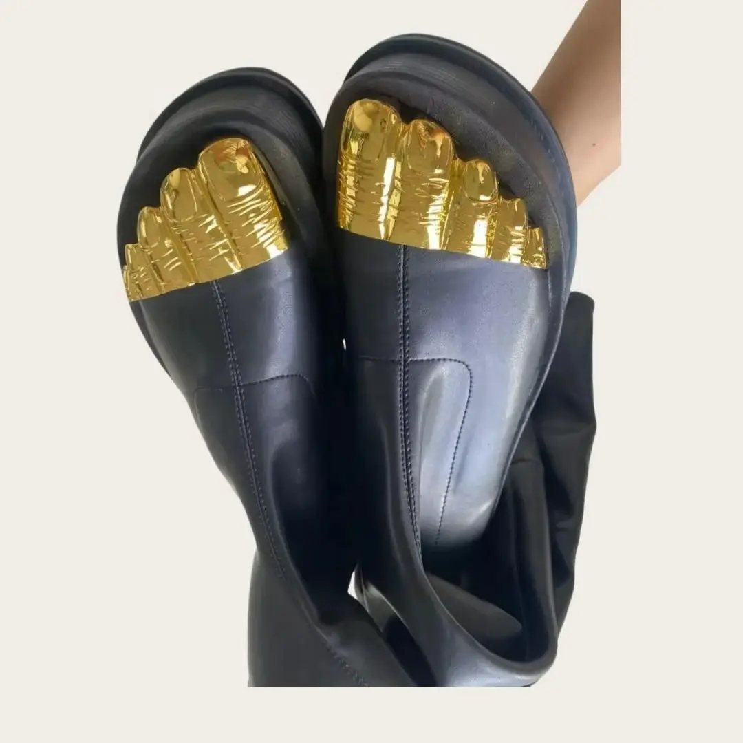 Designers Cool Punk Botas Golden Metal Five Toes New Fashion Long Boots Solid Color Platform Muffin Thick Bottom Female Shoes