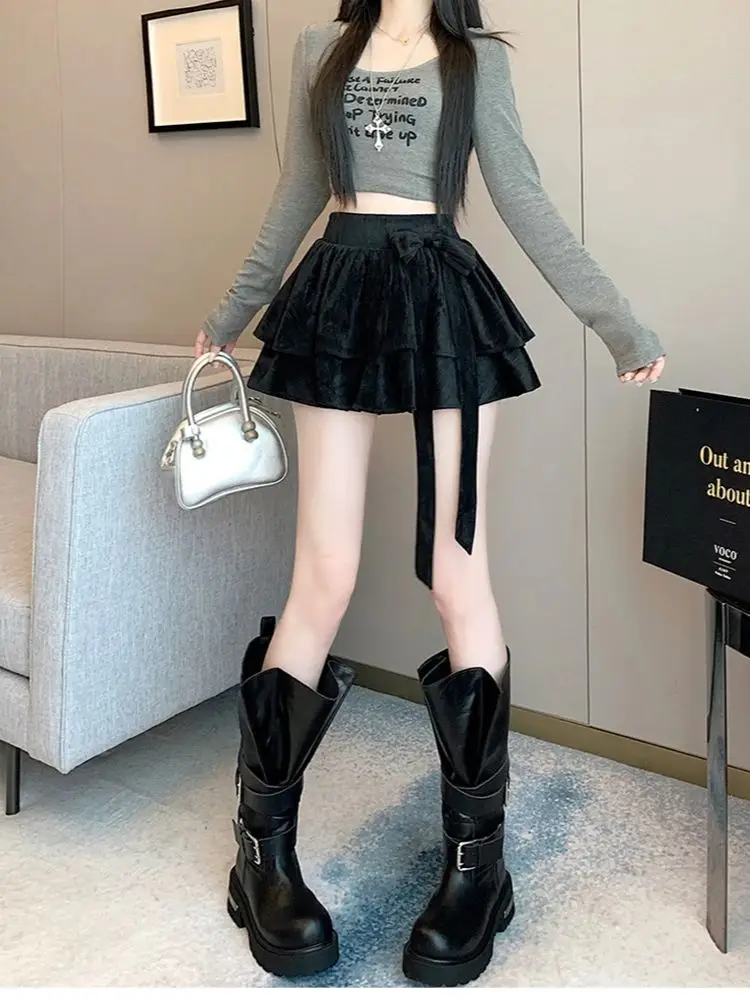 Coffee Colored Corduroy Layered Cake Short Skirt Butterfly Knot Splicing A-line Skirt Fashionable Versatile Women's Short Skirt