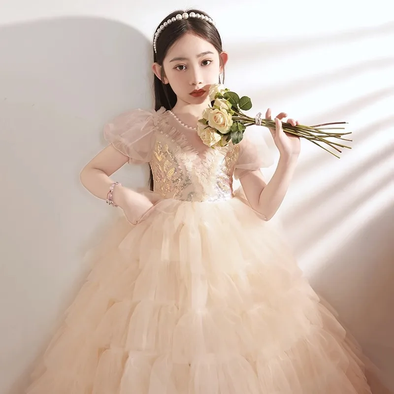 Girls' Formal Dress High-End Birthday Party Princess Dress Little Girl Host Evening Dress Children's Piano Performance Costume
