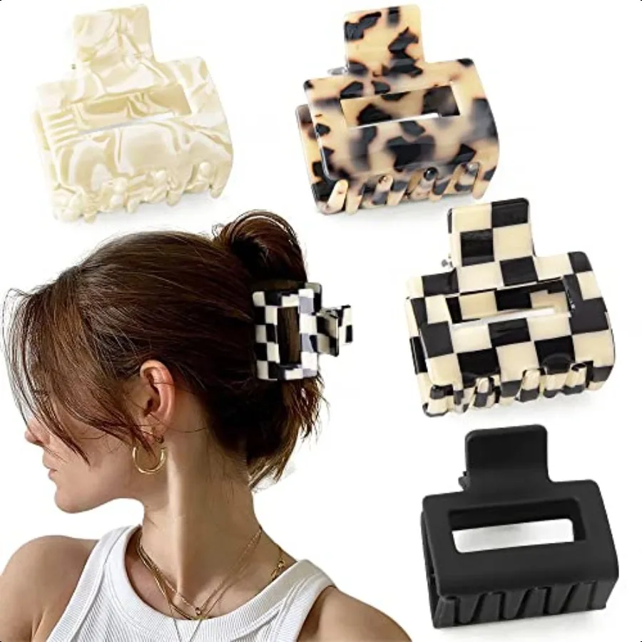 

Checkered Tortoise Hair Clips for Women 4Pcs 2 Small Acetate Claw Barrettes for Thick Thin Hair