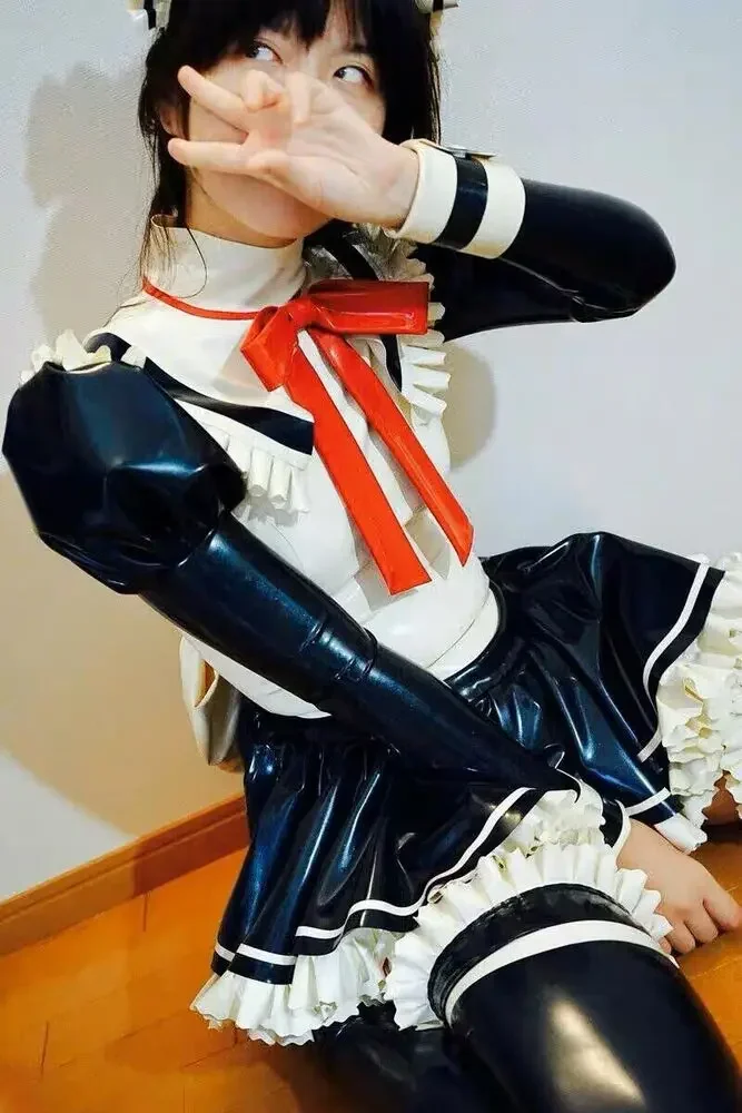 

Latex Catsuit Rubber Maid Uniform Dress Black with Warm White Trim Tights Suit fashion