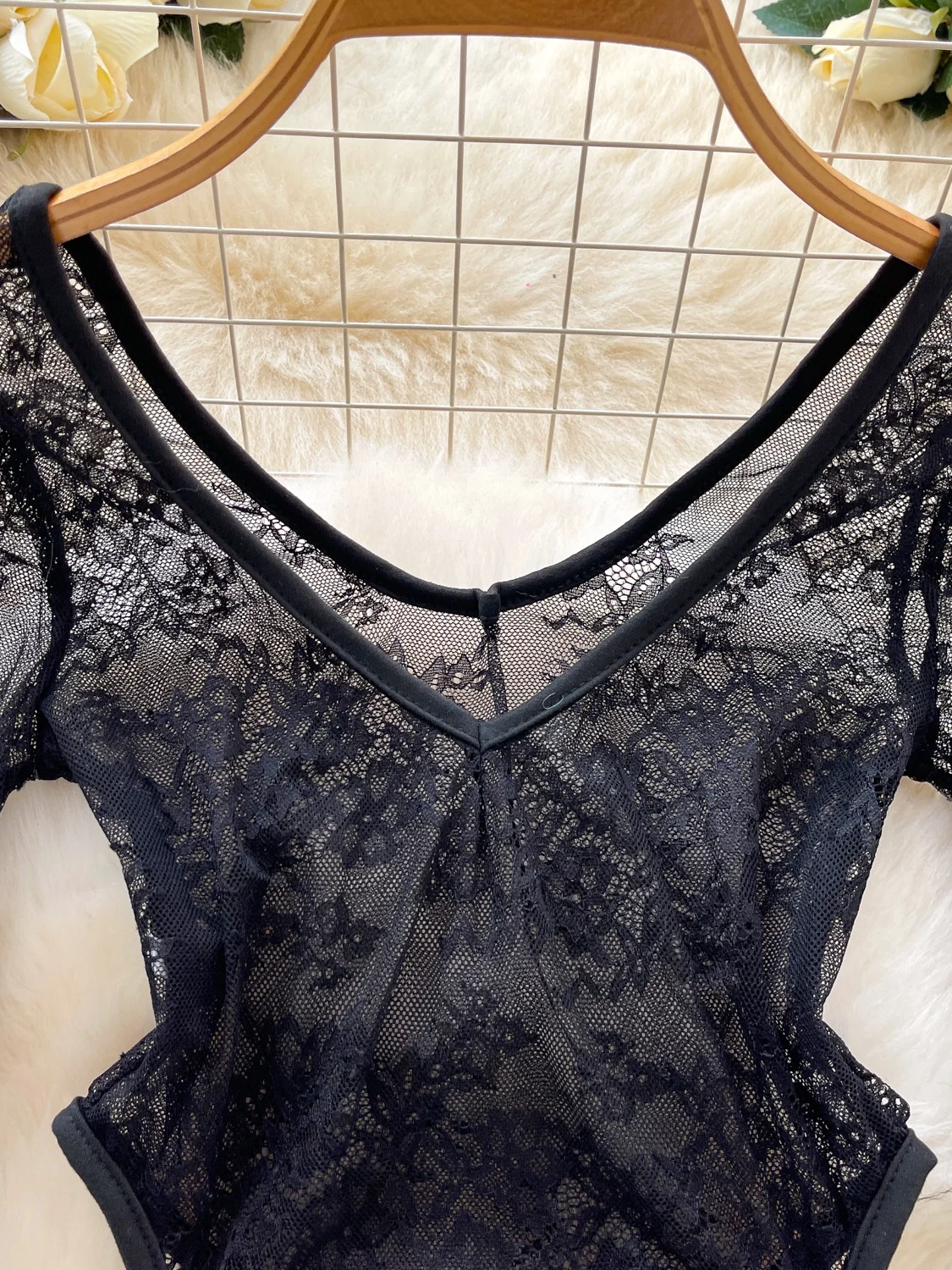 Sexy Lace Bodysuit Bell Sleeve See through Slimming High Waist Short Pant High Waist Bodysuit with Hooks Commute Style Straig...