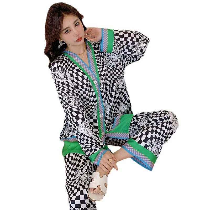 New Style Ice Pajamas Women\'s Pajamas Cool Feel in Summer Silk Slip Thin Cardigan Plaid Long Sleeve Sleepwear