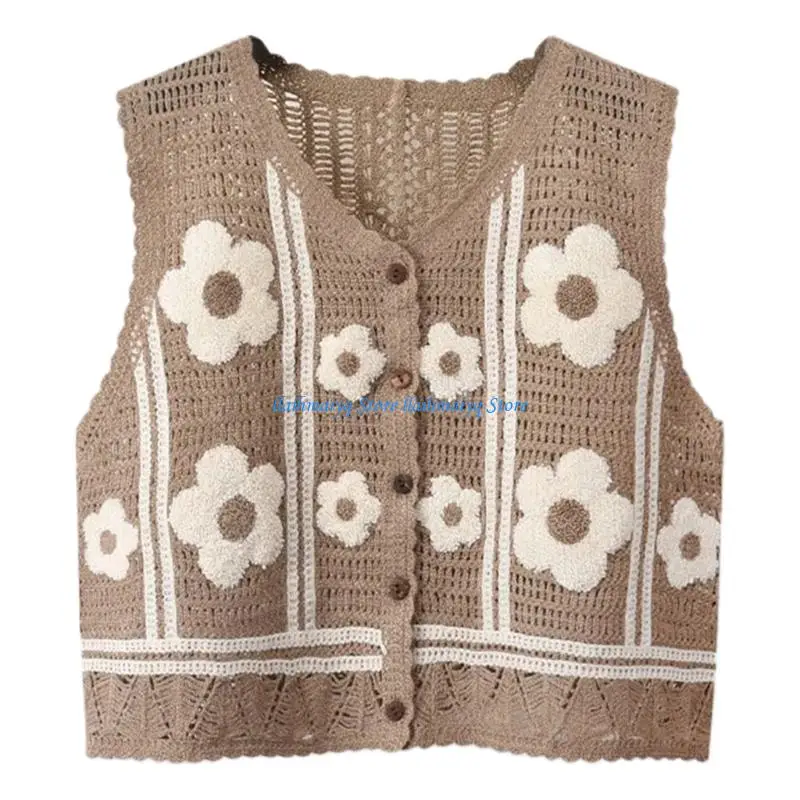 573B Women Crochet Knitted Vest Waistcoat Ethnic Colorful Florals Pattern Sleeveless Cardigan Jackets V-Neck Crop Top Shirt