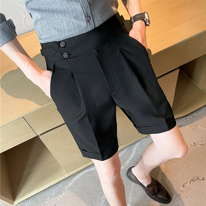 British Style Summer Men Suit Shorts Fashion Belt Design Slim Fit Short Pant Formal Social Wedding Party Knee Length Short Pants