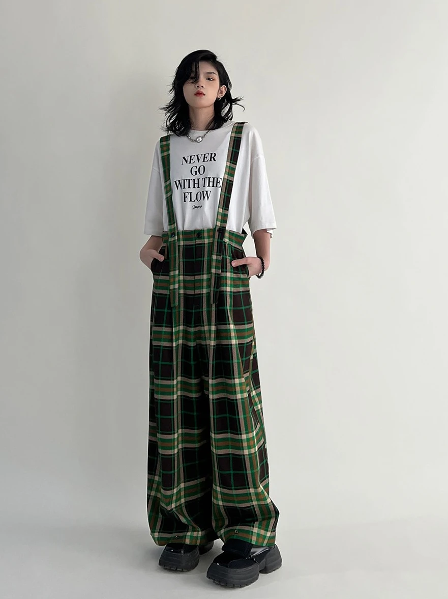 

2023 New Preppy Style British Personalized Retro French Platycodon Grandiflorum Green Plaid Loose Wide-Leg Suspender Trousers