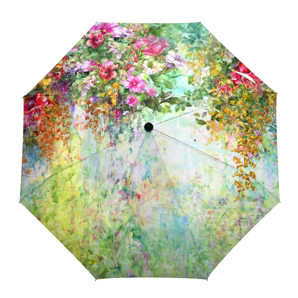 Watercolor Flowers Folding Travel Umbrella Floral Painting Women Umbrellas Windproof Lightweight Parasol Umbrella Sun & Rain