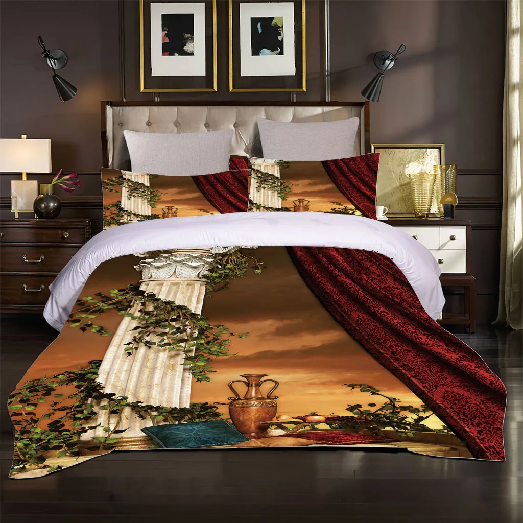 HUANZHUANG Bedding Sets With 2 Pillowcase Printed Duvet Cover King Size Set Hypoallergenic Microfiber 3D Garden Roman Columns