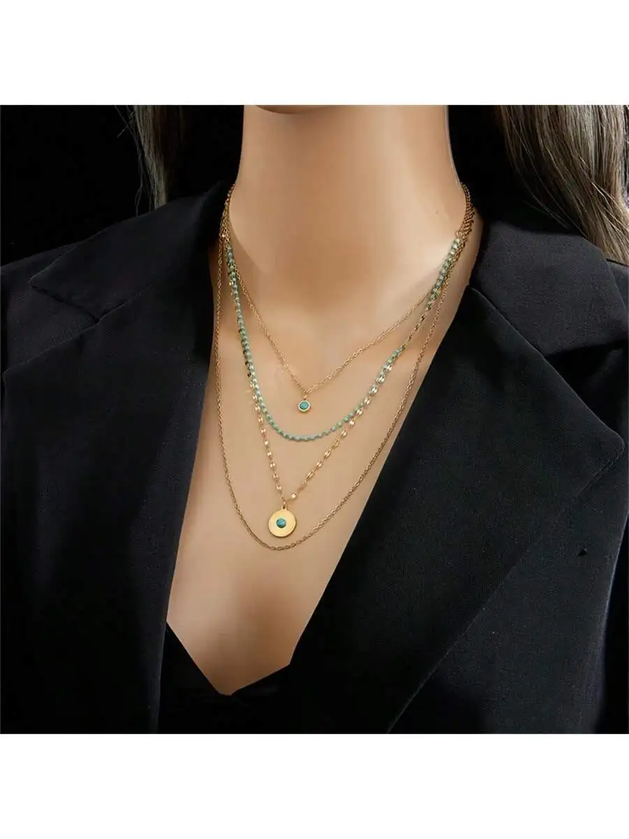 Multi-Layer Stainless Steel Necklace With Circular Pendant For Women And Men