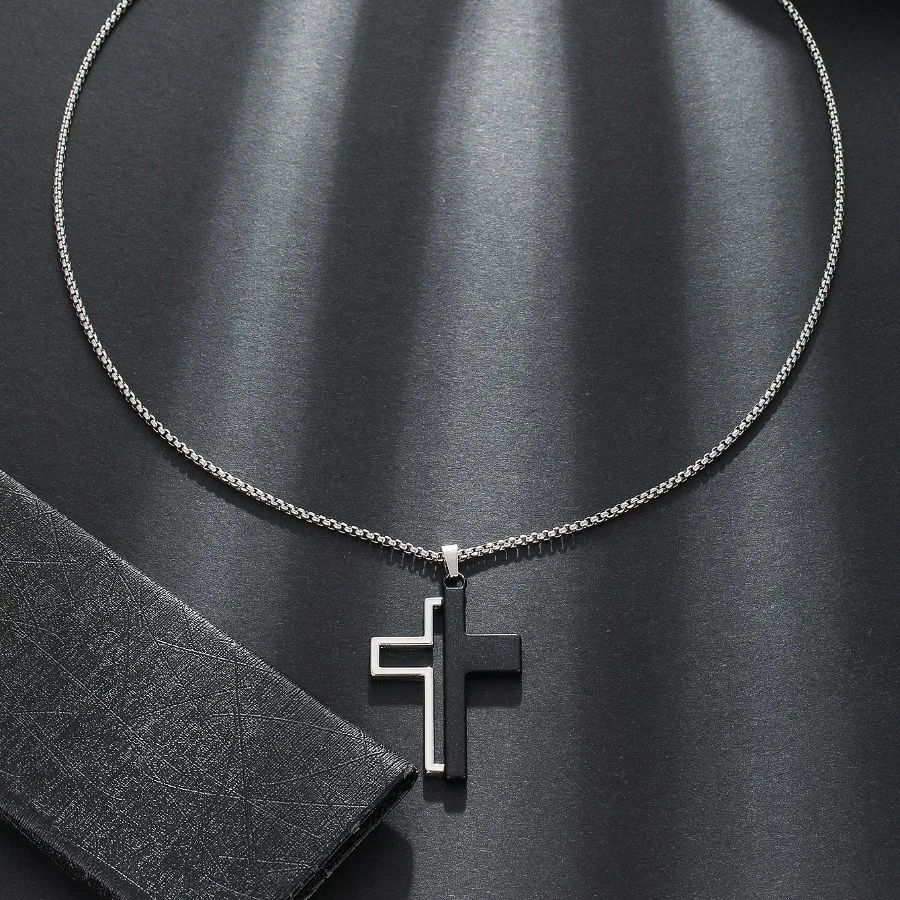 1 black and white glossy cross necklace for men\'s trendy sweatshirt, long necklace, European and American design accessories