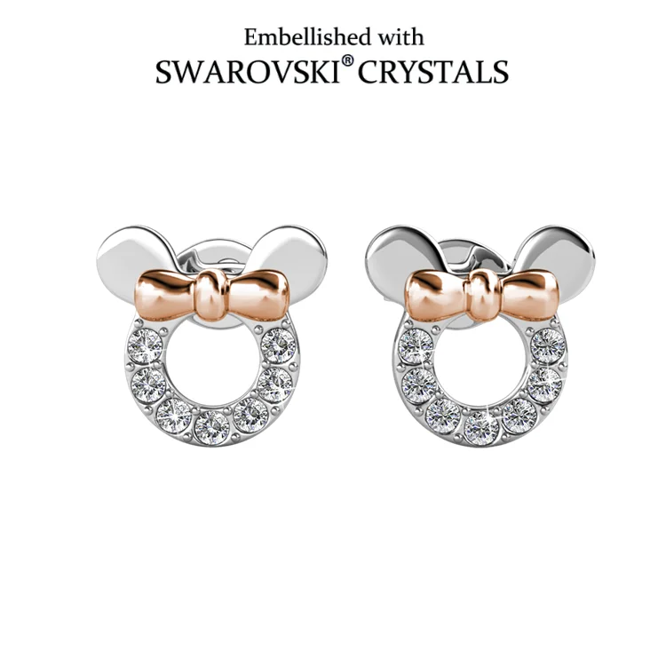 Daisini 18K Gold Plated Swarovski Crystal Bow Stud Earrings, Cute Mouse Pave Setting Jewelry for Women