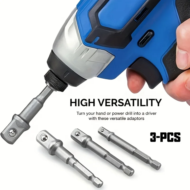 3Pcs Impact Grade Socket Adapter, Hex Shank Extension Set, Hex To Square Drive 1/4 3/8 1/2 Inch for Cordless Impact Wrench Drill