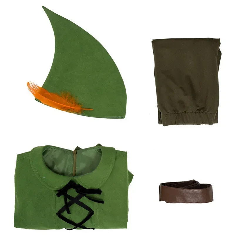 Film Peter Pan Cappello Cosplay Elfo Verde Uniforme Per Adulti Bambini Costume di Carnevale di Halloween Vestito Operato Da Uomo MN3