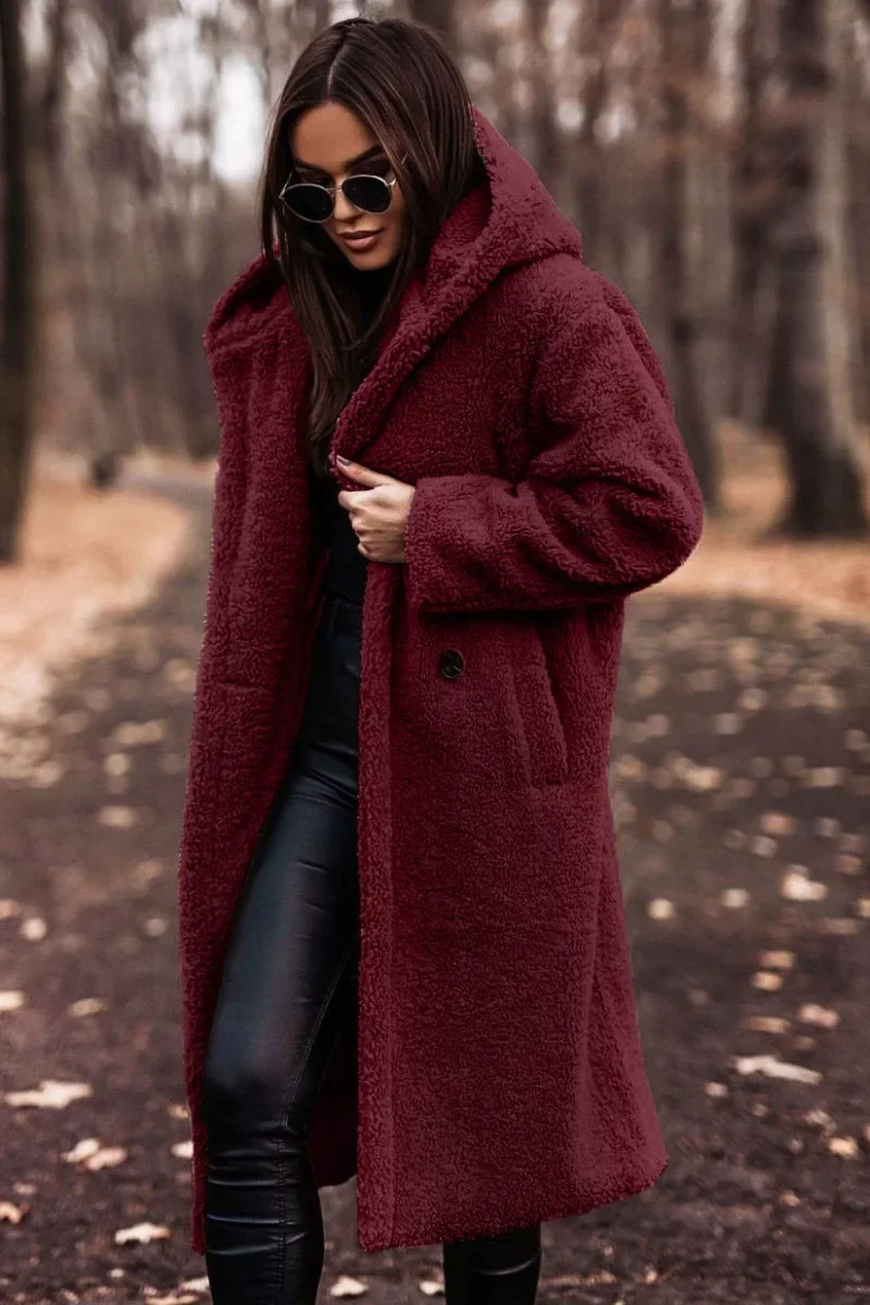 Women Hooded Plush Coat Long Sleeve Loose Fashion Autumn Winter Solid Color Faux Fur Jacket Coats