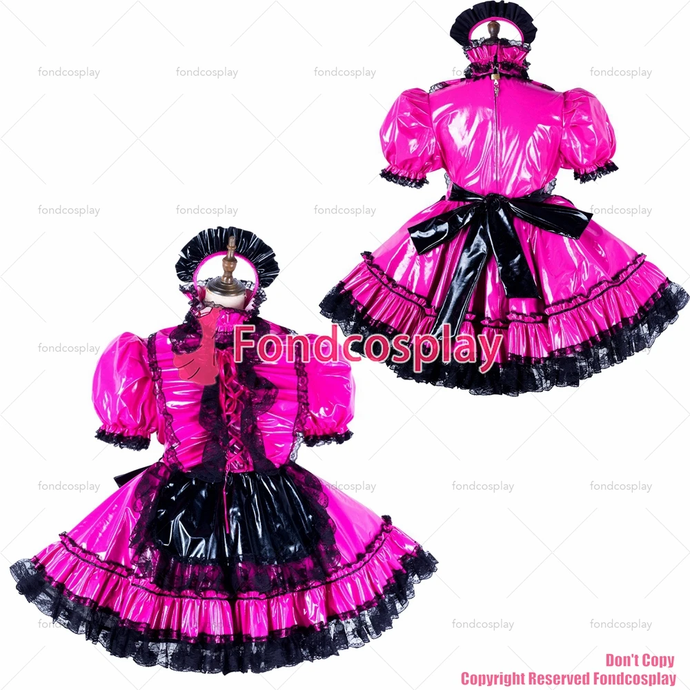 

fondcosplay adult sexy cross dressing sissy maid hot pink thin pvc dress lockable Uniform black apron costume CD/TV[G2135]