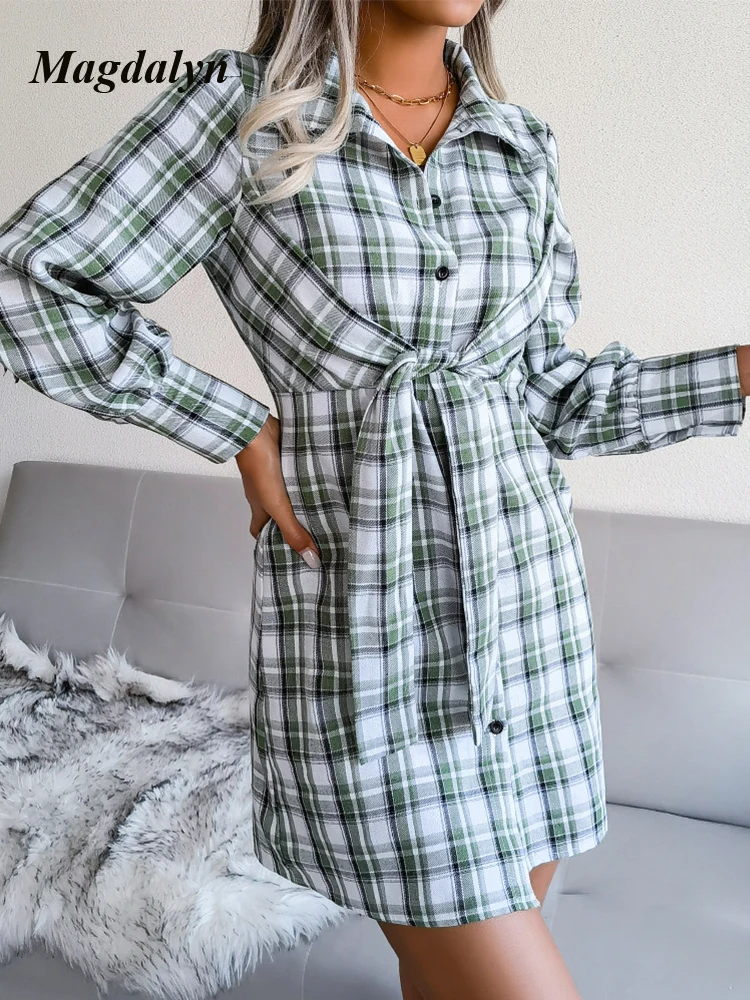 Magdalyn Plaid Shirt Dress Women Spring Long Sleeve Fashion Korean Streetwear Button Vestidos Elegant Office Sashes Korean Dress