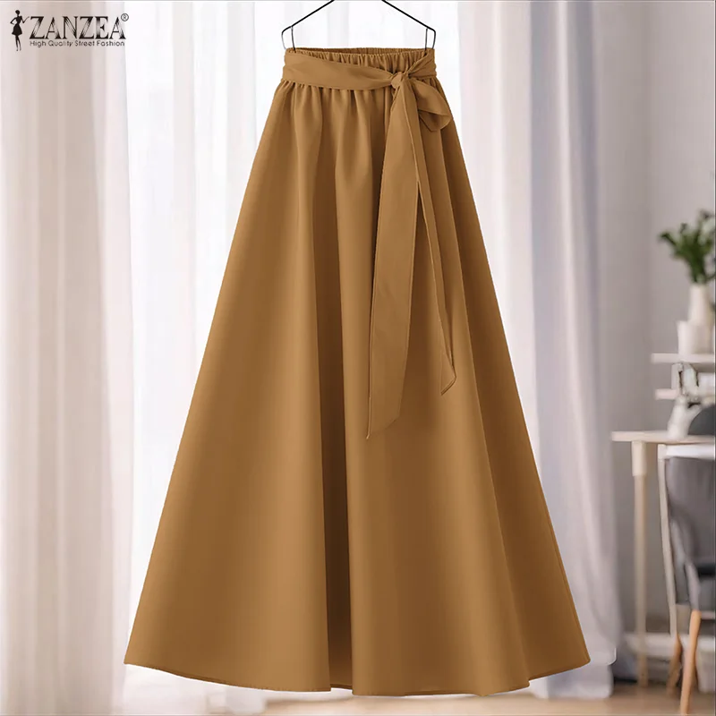 2025 ZANZEA موضة النساء تنانير طويلة الخريف ضمادة قيعان طويلة غير رسمية الصلبة مرونة الخصر حفلة ألف خط Jupes Faldas Saia
