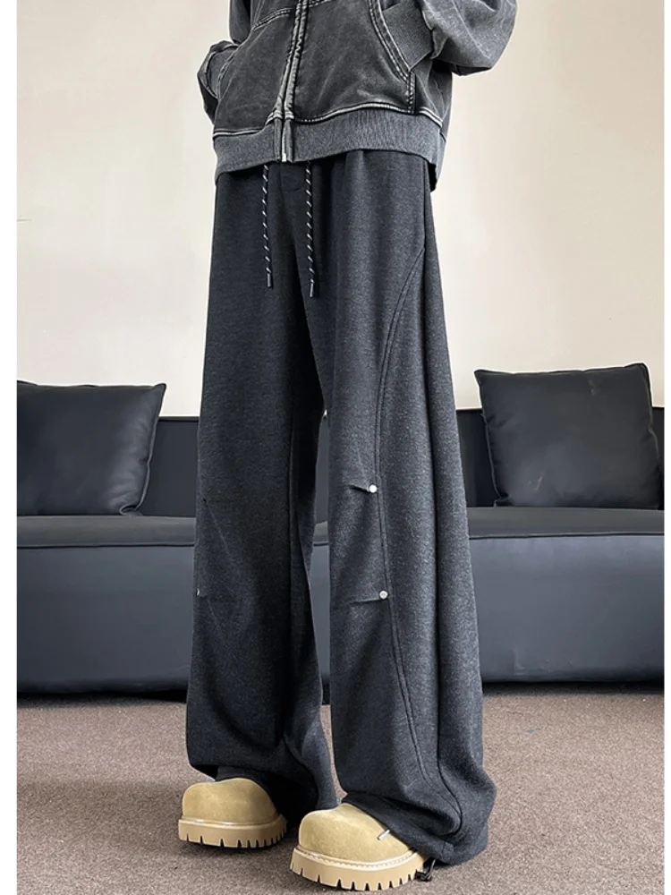 

American Sle Men's Heavyweight Sweatpants Spring Autumn Folded Design Sense Rivet High Street Vibe Straight Leg Drapey Wide...