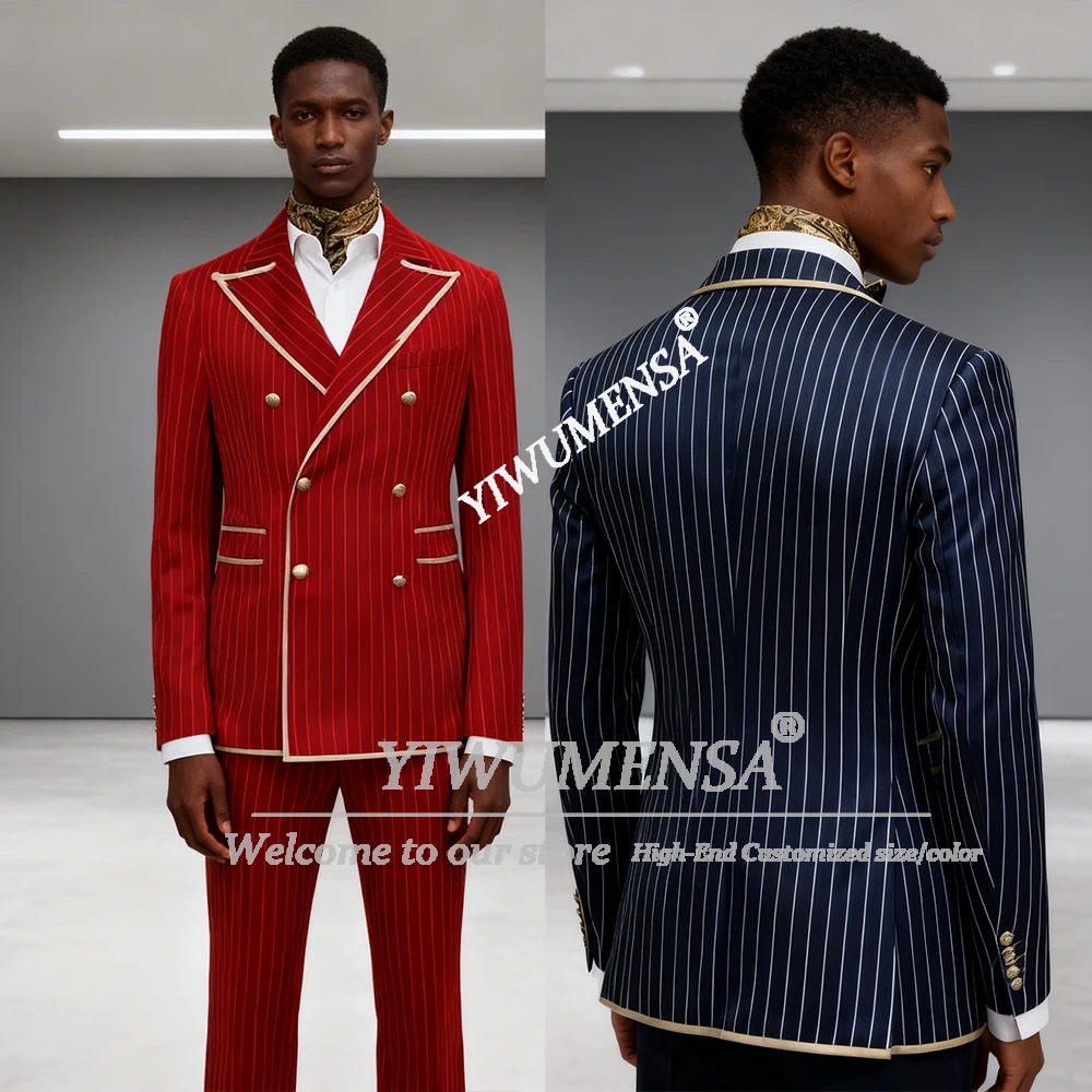 

Мужской костюм в вертикальную полоску в британском стиле, уникальный дизайн, двубортный пиджак с лацканами для жениха, индивидуальные комплекты из 2 предметов, смокинги для жениха