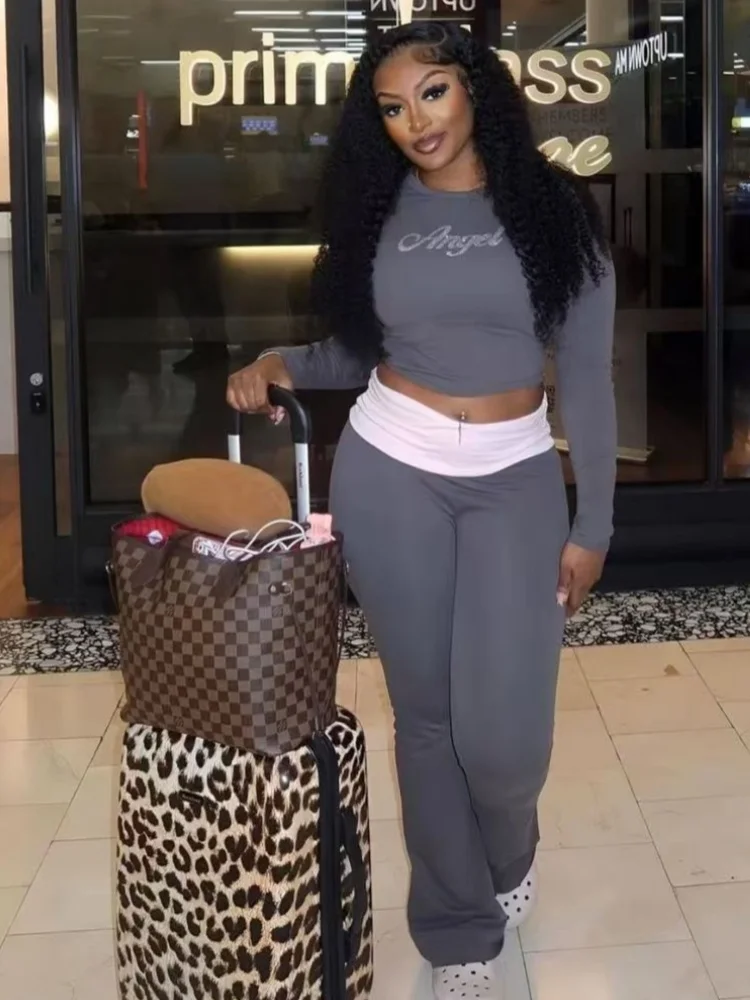

Joskaa Casual Sporty 2 Piece Sets Women Tracksuits Letter Rhinestone Long Sleeve Crop Tops and Flared Pants Match Y2K Streetwear