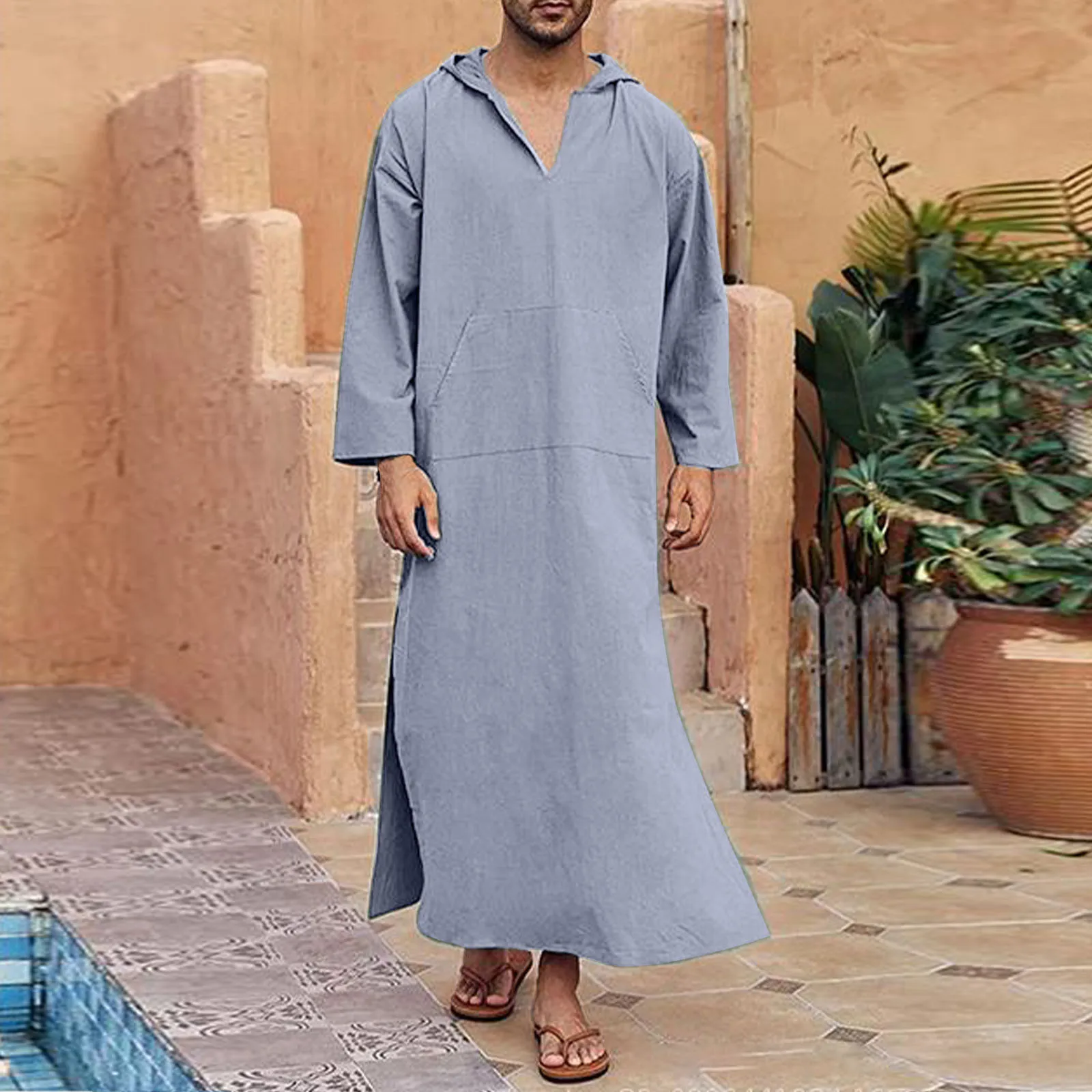 Islamico tradizionale Jubba Thobe uomini Abaya lino abiti musulmani Dubai arabo caftano abbigliamento Qamis Homme arabo turco abito Hijab vestito