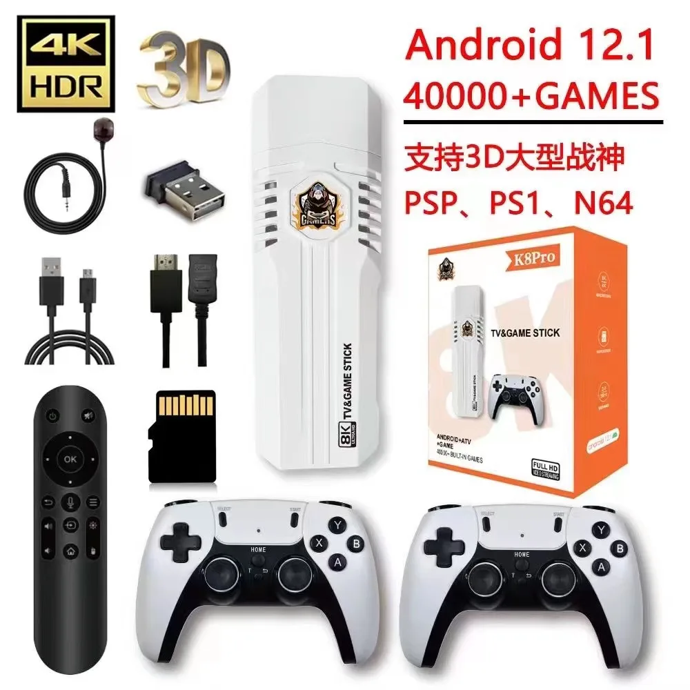 Imagem -02 - Mini k8 Pro Retro Game Stick tv 8k hd Vídeo Clássico Sistema Duplo Wi-fi Android 12.1 Atv 3d 40000 Mais Console de Jogos sem Fio 2.4g