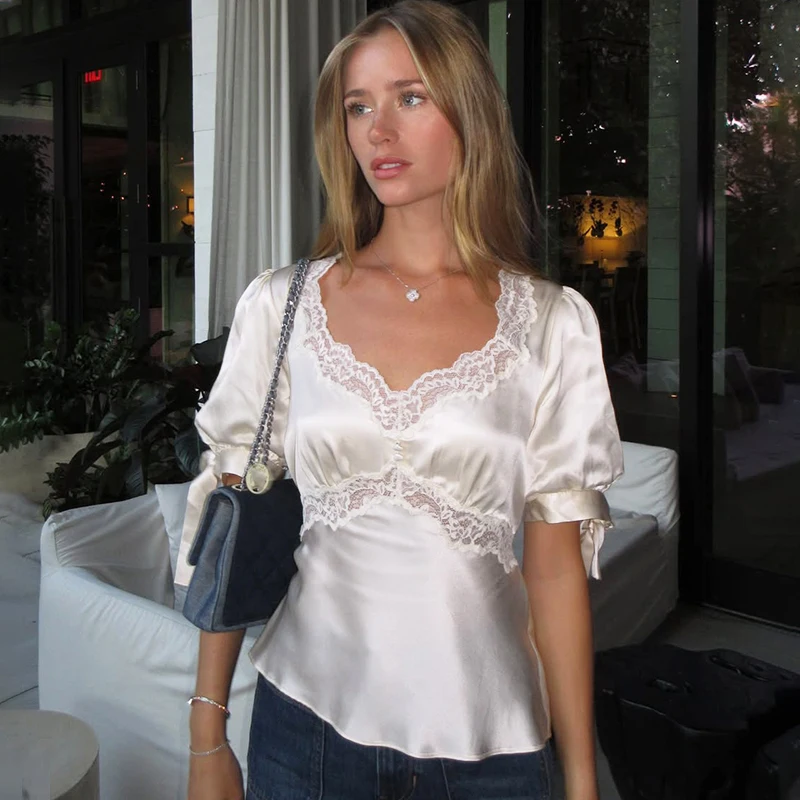 Trendix Elegant White Satin Blouse 2026 Summer Patchwork Bow Lace Tops Party Casual Bandage Short Sleeve Vacation Shirts Femme