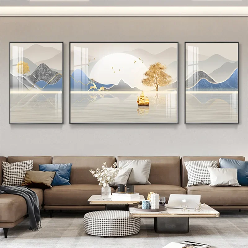 , modern light luxury landscape hanging painting, high-grade atmosphere, good meaning, triptych,