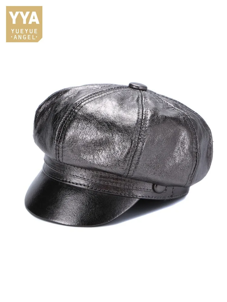 

Autumn New Unisex Sheepskin Genuine Leather Octagonal Cap Casual Windproof Military Hat Men Women Casual Real Leather Peaked Cap