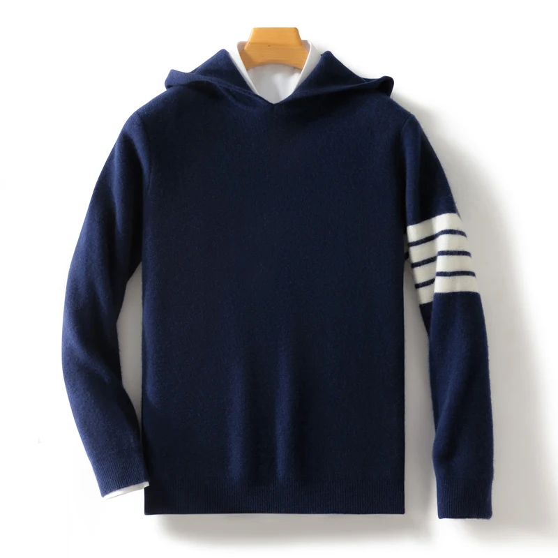 

Men Hooded Pullover Sweater 100% Merino Wool Sweater Autumn Winter Clothing Classic Long Sleeve Warm Thick Knit Casual Four-wire