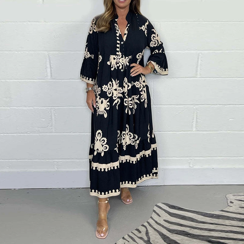 Vestidos Women\'s Printed Loose Ethnic Retro Dress Spring V Neck Button A-Line Long Dress Summer 3/4 Sleeve Bohemian Maxi Dresses