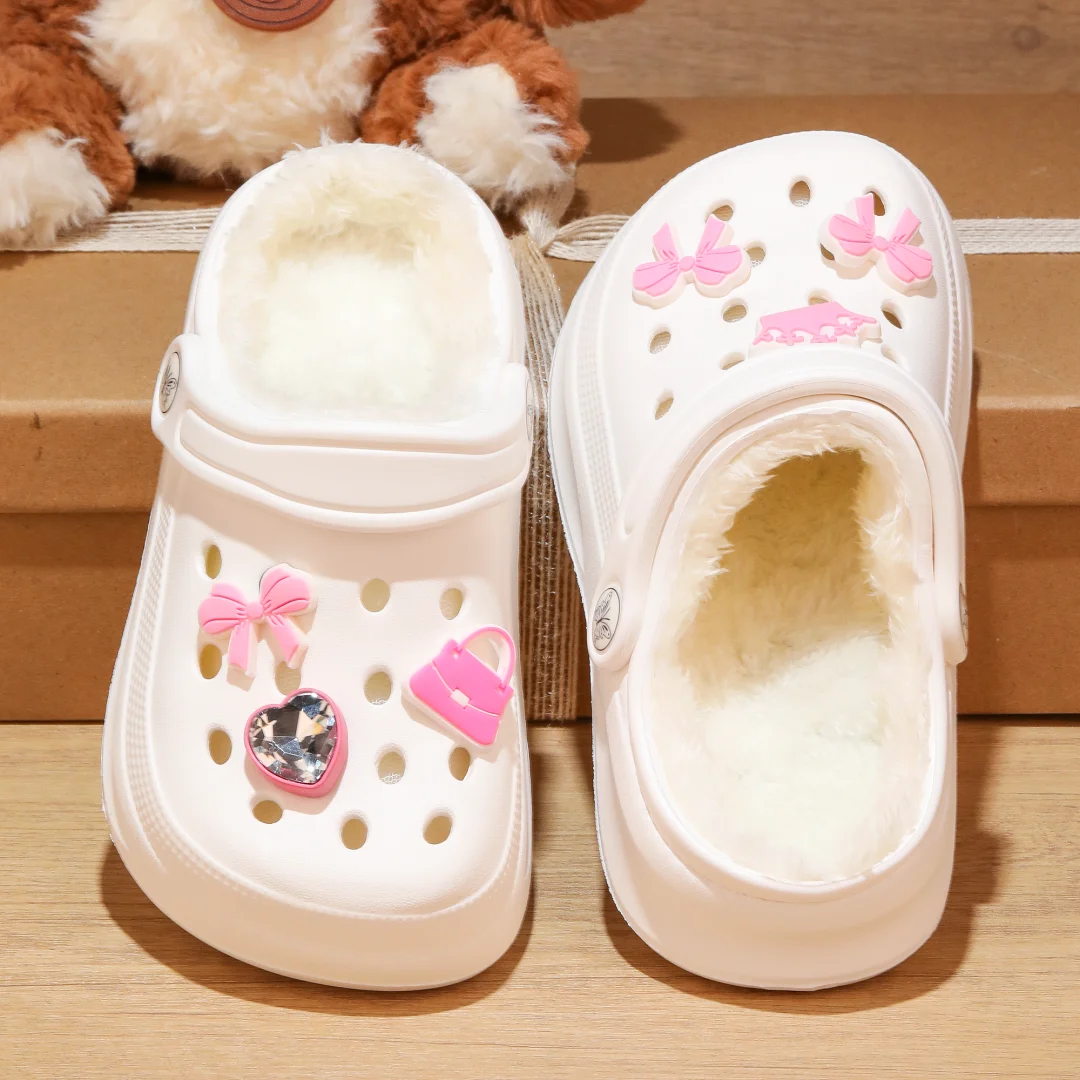 Kids Fur Lined Clogs and Mules, Lightweight Cotton Lined Garden Shoes, Winter Warm House Slippers for Boys Girls Toddler 168