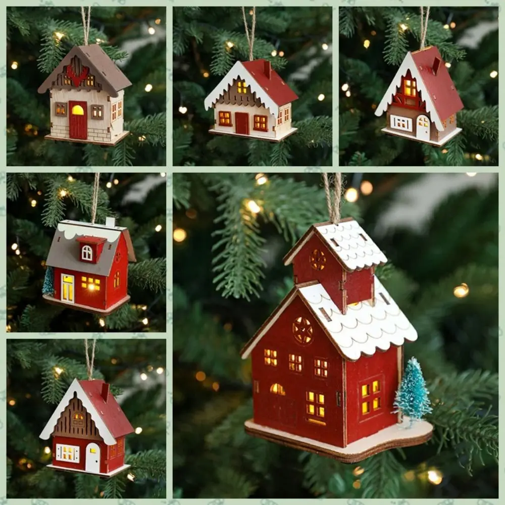 Decorative Christmas Snow House Pendant Elk Christmas Tree LED Wooden Christmas House Hanging Mini Xmas Light Up Building